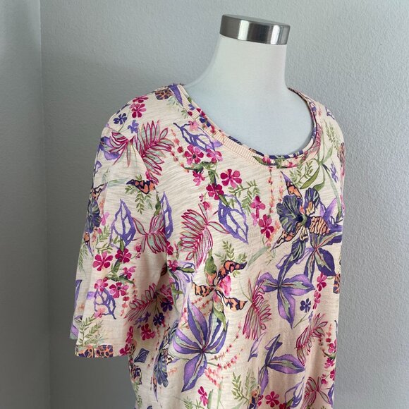 Chicos Womens XL Tropical Floral Elbow Sleeve Tee Crew Neck Shirt - Picture 5 of 14